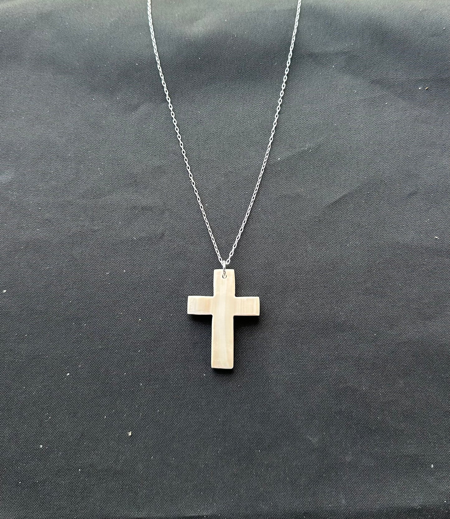 Hand Carved Seashell Cross Silver Necklace