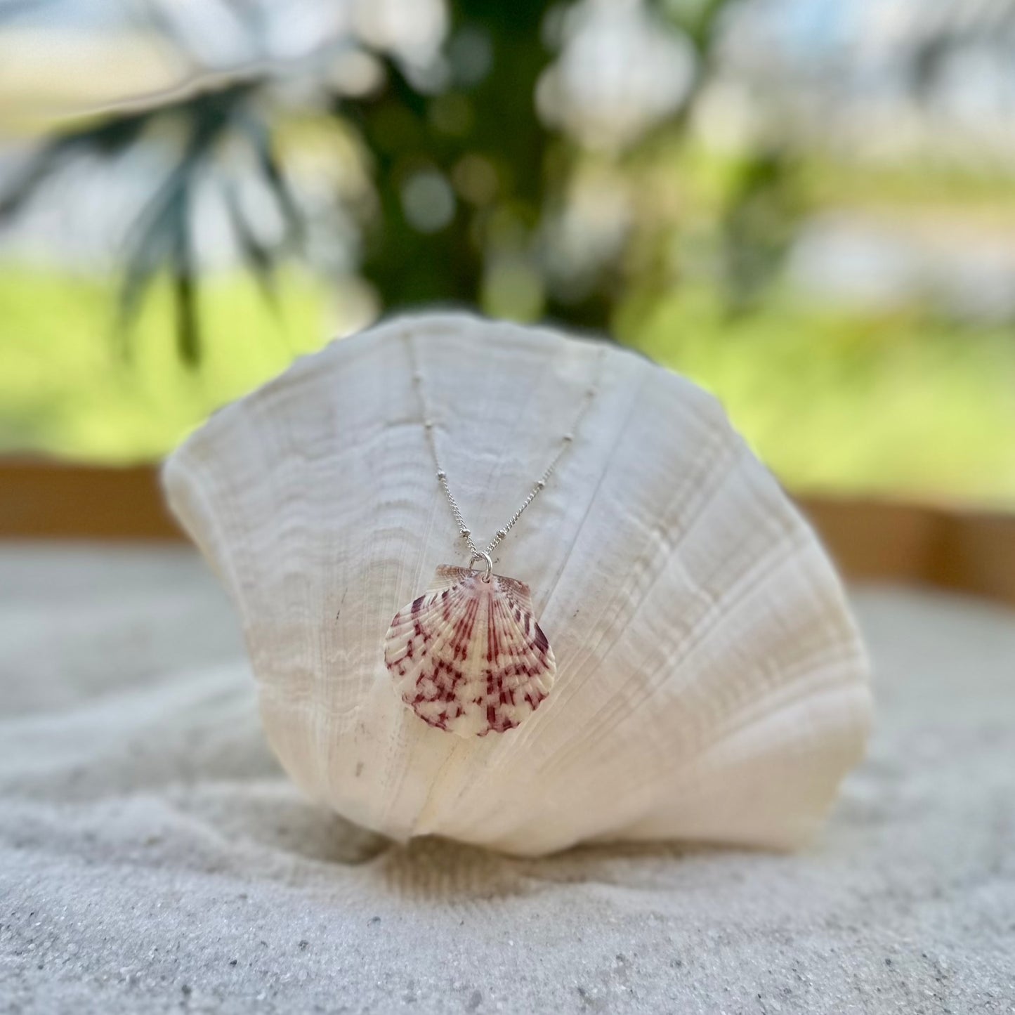 Pink Spotted Scallop Sterling Silver Satellite Necklace