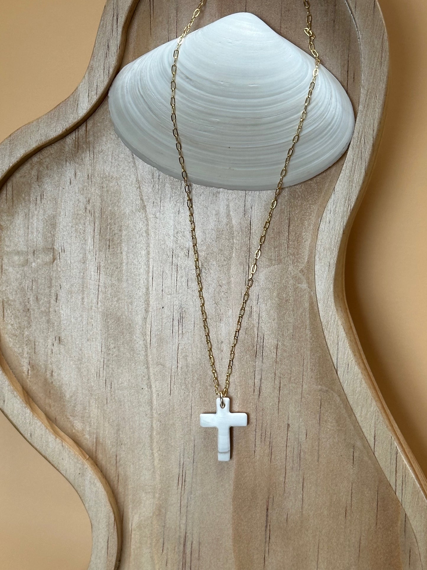 Hand Carved Seashell Cross Silver Necklace