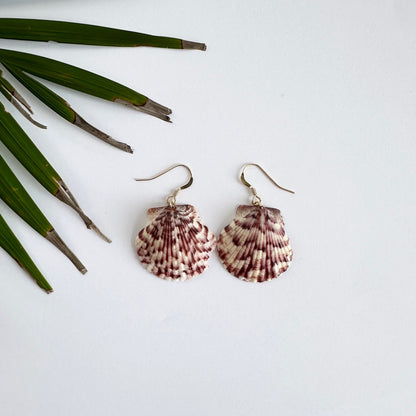 Purple Spotted Scallop Earrings Gold Filled